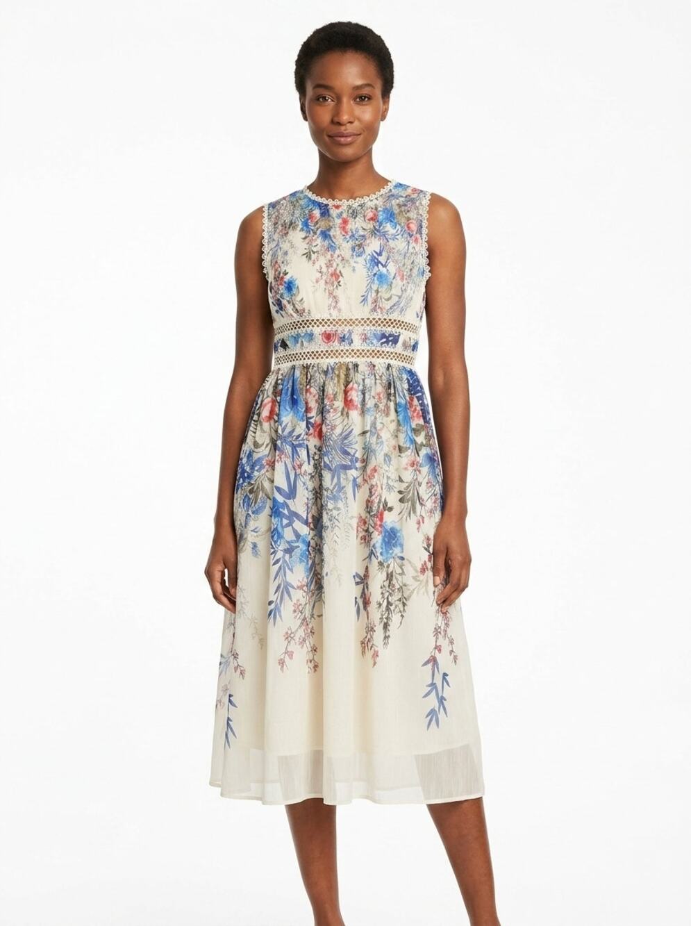 Anewsta White Blue Floral Lace Trim Sleeveless Midi Dress Women Size 12